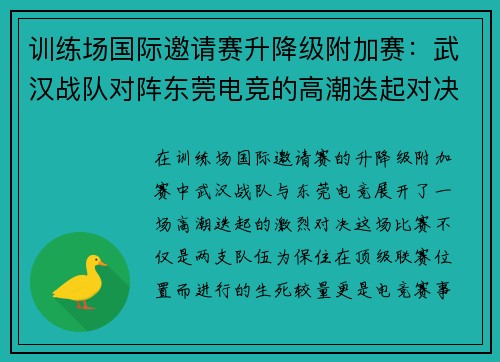 训练场国际邀请赛升降级附加赛：武汉战队对阵东莞电竞的高潮迭起对决